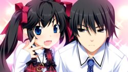  1boy alternate_hair_color black_eyes black_hair blue_eyes blue_necktie expressionless female game_cg grisaia_(series) grisaia_no_kajitsu hair_ribbon kazami_yuuji long_hair looking_at_another looking_at_viewer matsushima_michiru necktie oerba_yun_fang open_mouth portrait red_ribbon ribbon sideways_glance skin_fang twintails v 