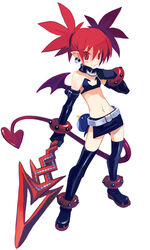  anklet arm_strap bandeau bare_shoulders belt belt_pouch black_choker black_footwear black_gloves black_skirt black_thighhighs blush_stickers boots bracelet buckle choker closed_mouth demon_girl demon_tail demon_wings disgaea duplicate earrings elbow_gloves elder_spear etna_(disgaea) female flat_chest full_body gloves hair_between_eyes hair_tie harada_takehito holding holding_polearm holding_weapon jewelry legs_apart light_smile looking_at_viewer makai_senki_disgaea_2 mini_wings miniskirt navel official_art pencil_skirt platform_footwear pointy_ears polearm pouch prinny red_eyes red_hair short_hair short_twintails side_slit simple_background skirt skull skull_earrings slit_pupils smile solo spear spiked_hair standing strapless studded_bracelet tachi-e tail thigh_boots thighhighs twintails weapon white_background white_belt wings zettai_ryouiki 