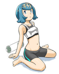  :o arms_behind_back bare_arms bare_legs barefoot bike_shorts blue_eyes blue_hair blush breasts collarbone commentary_request company_connection cosplay female full_body groin hairband highres lana_(pokemon) leaning_back looking_at_viewer midriff navel open_mouth pokemon pokemon_sm shadow short_hair simple_background single_vertical_stripe sitting small_breasts solo splatoon_(series) splatoon_1 sports_bra takozonesu takozonesu_(cosplay) toraneko555 wariza white_background yellow_hairband 