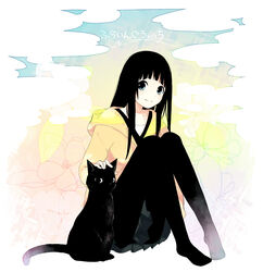  animal black_cat black_hair black_pantyhose blue_eyes blunt_bangs chito_(flying_witch) cloud collarbone commentary_request copyright_name feline female floral_background flying_witch headpat highres hood hoodie kowata_makoto long_hair looking_at_viewer no_shoes pantyhose run723 sidelocks sitting skirt sky smile solo straight_hair 