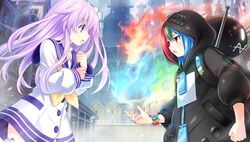  2girls blue_hair blush bracelet choujigen_taisen_neptune_vs_sega_hard_girls d-pad d-pad_hair_ornament fire from_side game_cg green_hair hair_ornament hood hoodie jewelry long_hair multicolored_hair multiple_girls nepgear neptune_(series) official_art purple_eyes purple_hair red_eyes red_hair sega_game_gear_(sega_hard_girls) sega_hard_girls tsunako 