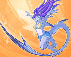  bikini bikini_top_only blue_eyes claws ear_piercing female fins fish_tail furry furry_female long_hair mayhem_(shark_attack) photoshop_(medium) piercing purple_hair shark_attack shark_girl shark_tail shorts smile solo squeedgemonster swimsuit tail teeth 