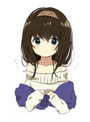  bare_shoulders blue_eyes caracorn commentary_request female flying_sweatdrops hairband idolmaster idolmaster_cinderella_girls long_hair off-shoulder_sweater off_shoulder sagisawa_fumika scarf solo sweater white_background 