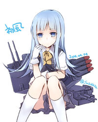  blue_eyes blue_hair clothes_between_thighs commentary_request female gloves hatsukaze_(kancolle) kantai_collection long_hair looking_at_viewer machinery sitting solo suzushiro_kurumi torpedo translated turret vest white_gloves 