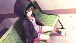  bench breasts brown_eyes brown_hair deep_wound feet female female game_cg highres hood injury jacket kazami_haruki legs long_hair looking_down satsukoi_yuukyuu_naru_koi_no_uta serious shadow shoes sitting skirt small_breasts socks solo thighs wounded 