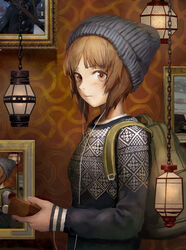  absurdres backpack bad_id bad_pixiv_id bag bandages beanie blush brown_eyes brown_hair cable chains closed_mouth cross earphones female fingernails from_side girls_und_panzer hat highres holding indoors lantern long_sleeves looking_at_viewer nishizumi_miho photo_(object) picture_frame recursion short_hair sleeves_past_wrists solo tomiya_(tomiya2117) upper_body wall 