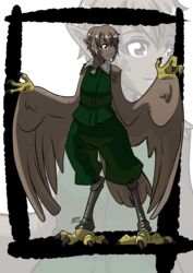  absurd_res ambiguous_gender animal_humanoid avian avian_humanoid blue_eyes bottomwear brown_body brown_feathers brown_hair claws clothed clothing dark_body dark_skin digitigrade european_mythology feathered_wings feathers feet fully_clothed greek_mythology green_clothing hair harpy hi_res humanoid humanoid_pointy_ears jacket kukuruyoart legwear looking_at_viewer mythological_avian mythological_creature mythology neck_tuft pants short_hair sleeveless solo spandex standing tail tail_feathers talons tight_clothing toes topwear tuft wide_hips wings zipper 