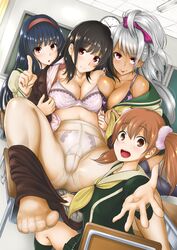  4girls :d bare_shoulders black_hair bra breasts brown_eyes brown_hair chair classroom cleavage commentary_request crotch_seam dark-skinned_female dark_skin desk girl_sandwich green_legwear hairband highres kneehighs large_breasts long_hair looking_at_viewer multiple_girls navel okumori_boy open_mouth original panties panties_under_pantyhose pantyhose pleated_skirt pointing purple_bra sandwiched school_chair school_desk school_uniform see-through see-through_legwear serafuku silver_hair skirt smile socks teeth twintails underwear white_bra white_panties 