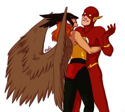  1boy belt bird_wings black_legwear bodysuit dc_comics female flash_(series) hawkgirl helmet justice_league malin mask the_flash wally_west wings 