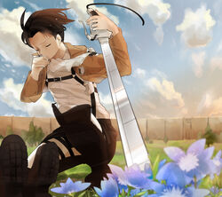  1boy ascot bad_id bad_pixiv_id belt_buckle blue_flower blurry boots brown_jacket buckle closed_eyes cloud commentary_request cropped_jacket day defensive_wall depth_of_field emblem field flower flower_request highres jacket kneeling levi_(shingeki_no_kyojin) male_focus paradis_military_uniform run723 shingeki_no_kyojin shirt sky solo_focus sunset survey_corps sword thigh_strap three-dimensional_maneuver_gear training_corps_(emblem) tree wall weapon white_shirt 