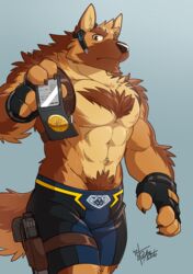  2016 abs anthro arm_tuft badge biceps big_muscles blue_background body_hair bottomwear brown_body brown_eyes brown_fur canid canine canis chest_tuft claws clothed clothing countershading domestic_dog elbow_tuft electronics fingerless_gloves fur german_shepherd gloves gun hairy handgun handwear happy_trail headgear headphones headset herding_dog hi_res holding_object holster id looking_at_viewer male mammal muscular muscular_anthro muscular_male neck_tuft officer_benson pastoral_dog pecs pistol police ranged_weapon sheathed_weapon shorts simple_background solo takemoto_arashi tan_body tan_fur thigh_holster topless tuft weapon 