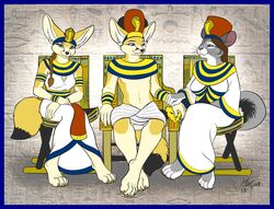  anthro blue_border border breasts canid canine cap_crown chair chinchilla chinchillid circlet cleavage clothed clothing conditional_dnp costume crown digital_media_(artwork) dress egyptian egyptian_clothing egyptian_headdress female fennec_fox fox furniture group headdress headgear headwear jewelry kalasiris king male mammal moodyferret necklace pharaoh queen rodent royalty seshed_circlet shendyt sitting tail throne true_fox uraeus usekh 