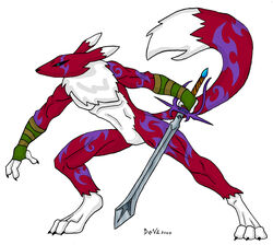  absurd_res alternate_color anthro arlin armor athletic athletic_anthro athletic_male bandai_namco black_nose black_sclera blue_eyes bracers canid canine chest_fur chest_tuft digimon digimon_(species) fan_character featureless_crotch fighting_pose fur hi_res longsword male mammal markings melee_weapon pose purple_markings rainsingingdragon red_body red_fur renamon simple_background solo sword tattoo tuft weapon white_background white_body white_fur 