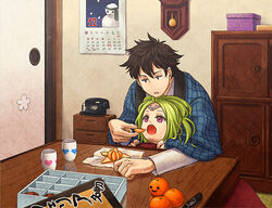  1boy asuteka blanket box brown_hair calendar_(object) circlet clock commentary_request cup door drawer feeding female fire_emblem fire_emblem_awakening food fruit green_hair lon&#039;qu_(fire_emblem) mandarin_orange marker nowi_(fire_emblem) open_mouth phone photoshop_(medium) purple_eyes smile table wooden_table 