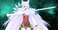  aty_(summon_night) belt blue_eyes boots cape female long_hair open_mouth solo summon_night summon_night_3 sword thigh_boots thighhighs weapon white_hair yagitori zettai_ryouiki 