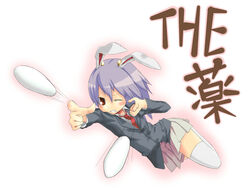  animal_ears bad_id bad_pixiv_id blazer female fuji-k jacket necktie one_eye_closed purple_hair rabbit_ears red_eyes reisen_udongein_inaba skirt solo suppository thighhighs touhou translated white_thighhighs 