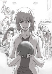  2boys 3girls accelerator_(toaru_majutsu_no_index) angel archangel_gabriel_(toaru) bowling breasts cheerleader choker commentary_request greyscale grin inoichi kakine_teitoku kazakiri_hyouka kirigaoka_girls&#039;_academy_school_uniform large_breasts lessar long_hair monochrome multiple_boys multiple_girls school_uniform smile summer_uniform toaru_majutsu_no_index toaru_majutsu_no_index:_old_testament very_long_hair 