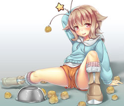  atra_mixta blonde_hair blue_panties blush boots bowl commentary_request crotch_seam ecou female gundam gundam_tekketsu_no_orphans hood hoodie lace lace-trimmed_panties lace_trim light_brown_hair long_sleeves looking_at_viewer no_legwear panties panty_peek pantyshot pointy_hair red_eyes revision short_shorts shorts sitting smile solo spilling spread_legs star_(symbol) tears underwear upshorts white_panties 