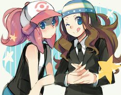  2girls :q bad_id bad_pixiv_id blue_eyes blush brown_hair cosplay costume_switch crossdressing formal hat hilda_(pokemon) hilda_(pokemon)_(cosplay) inazuma_eleven inazuma_eleven_(series) multiple_girls name_connection one_eye_closed pink_hair pokemon pokemon_bw ponytail reka suit tongue tongue_out zaizen_touko zaizen_touko_(cosplay) 