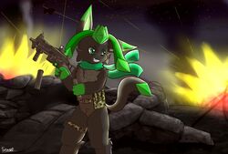  2016 aircraft airplane alternate_color anthro anthrofied barrier battlefield digital_media_(artwork) dual_holding eeveelution explosion fan_character featureless_crotch generation_4_pokemon glaceon green_eyes gun heckler_and_koch hi_res holding_gun holding_magazine_(gun) holding_object holding_ranged_weapon holding_weapon magazine_(gun) male minty_(blizzyglaceon93) mostly_nude motion_lines motion_path nintendo object_motion_path path_lines pokemon pokemon_(species) pokemorph ranged_weapon reloading rock scarf senz shooting solo submachine_gun ump-45 vehicle war weapon 