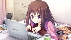  bed book brown_hair computer cup female female game_cg happy highres jacket kazami_haruki long_hair purple_eyes satsukoi_yuukyuu_naru_koi_no_uta school_uniform sitting skirt smile solo typing 