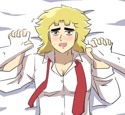  bed_sheet blonde_hair blush brown_eyes gay holding_hands imminent_sex jojo&#039;s_bizarre_adventure kyouka_(artist) open_mouth phantom_blood robert_edward_o_speedwagon scar sweat sweatdrop thick_eyebrows tie unbuttoned 