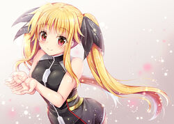  bare_arms bare_shoulders black_dress black_ribbon blonde_hair blush breasts closed_mouth commentary_request dress fate_testarossa fate_testarossa_(blaze_form_ii) female geko hair_ribbon hands_up long_hair looking_at_viewer lyrical_nanoha magical_girl mahou_shoujo_lyrical_nanoha mahou_shoujo_lyrical_nanoha_reflection no_cape own_hands_together photoshop_(medium) red_eyes ribbon sidelocks sleeveless sleeveless_dress small_breasts smile solo twintails undersuit very_long_hair 