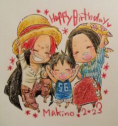  bandana birthday chibi graphite_(medium) hat makino_(one_piece) monkey_d_luffy multiple_boys one_piece onexone pencil_(medium) red_hair scar shanks smile straw_hat traditional_media younger 