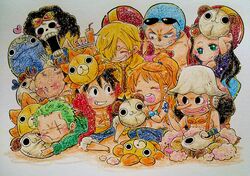  blonde_hair blue_hair brook character_doll chibi franky going_merry graphite_(medium) green_hair hat headphones laboon long_hair monkey_d_luffy nami nami_(one_piece) nico_robin one_piece onexone open_clothes open_shirt orange_hair pencil_(medium) pillow red_shirt roronoa_zoro sanji scar sewing shirt skeleton sleeping stuffed_toy thousand_sunny tony_tony_chopper traditional_media usopp 