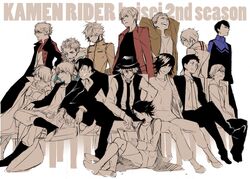  6+boys armor bad_id bad_pixiv_id couch date_akira dress_shirt fidgeting formal fukami_makoto gimp_(medium) grin hat hidari_shoutarou hino_eiji hood hooded_jacket jacket kamen_rider kamen_rider_drive_(series) kamen_rider_fourze_(series) kamen_rider_gaim_(series) kamen_rider_ghost_(series) kamen_rider_ooo_(series) kamen_rider_w kamen_rider_wizard_(series) kazuraba_kouta kisaragi_gentarou kumon_kaito male_focus multiple_boys nitou_kousuke one_eye_closed philip_(kamen_rider) pompadour sakuta_ryuusei shijima_gou shirt sitting smile souma_haruto suit tailcoat tenkuuji_takeru terui_ryuu tomari_shinnosuke tougou_kazuki unworn_hat unworn_headwear vest 