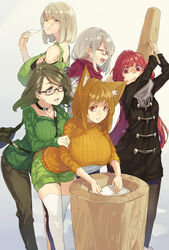  5girls :d ^_^ animal_ears bag beige_background between_breasts black-framed_eyewear black_legwear breasts brown_hair cat_ears cat_tail chewing closed_eyes coat collar collarbone colored_eyelashes commentary_request eating empty_eyes food fringe_trim fur_trim gigantic_breasts glasses gram_(muneneko) grey_hair grey_scarf hair_ornament hairclip haruka_(muneneko) highres holding holding_weapon huge_breasts kine kisame_(muneneko) large_breasts leaning_forward long_hair long_sleeves looking_at_another looking_at_viewer mallet mochi mochi_trail mochitsuki mortar_(bowl) multiple_girls muneneko nengajou new_year oerba_yun_fang open_mouth orange_shirt original pants pantyhose parted_lips red-framed_eyewear red_eyes red_hair red_scarf ribbed_sweater scarf schwarzschild_(muneneko) shaded_face shirt shorts shoulder_bag simple_background sleeveless smile standing strap_slip suika_(muneneko) sweat sweater swept_bangs tail thighhighs turtleneck v-neck very_long_hair weapon white_legwear wood 