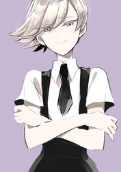  1other androgynous bad_id bad_twitter_id black_necktie closed_mouth collared_shirt crossed_arms eyes_visible_through_hair fingernails gem_uniform_(houseki_no_kuni) goshenite_(houseki_no_kuni) grey_eyes grey_nails highres houseki_no_kuni looking_at_viewer musshu_(omu001) nail_polish necktie other_focus purple_background shirt short_hair short_sleeves shorts simple_background smile solo standing suspender_shorts suspenders upper_body white_hair white_shirt wing_collar 