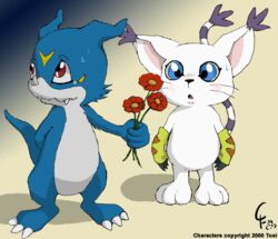  2007 bandai_namco blue_eyes blush bodily_fluids caribbean_fox digimon digimon_(species) duo felid female flower gatomon male mammal plant red_eyes sweat veemon 