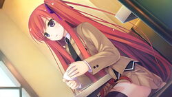  black_legwear blush cup dutch_angle female female game_cg highres kazami_haruki legs long_hair looking_away necktie purple_eyes red_hair satsukoi_yuukyuu_naru_koi_no_uta school_uniform sitting skirt solo table thighs 