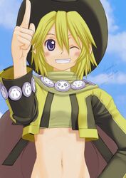  blonde_hair cowboy_hat cowboy_western female hat midriff short_hair smile solo sonolar summon_night summon_night_3 yagitori 