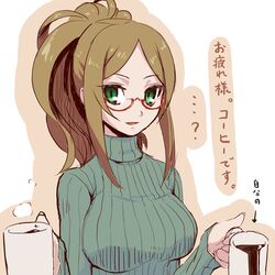  alternate_costume azure_striker_gunvolt bespectacled breasts brown_hair coffee cup female glasses green_eyes large_breasts long_hair looking_at_viewer monica_(gunvolt) mug muu_(mumumer) ponytail red-framed_eyewear ribbed_sweater semi-rimless_eyewear simple_background smile spilling sweater translated turtleneck under-rim_eyewear 