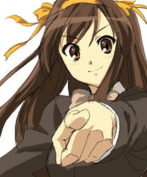  brown_eyes brown_hair commentary_request female foreshortening hair_ribbon hands kouyouen_academy_school_uniform long_hair official_alternate_costume official_alternate_hair_length official_alternate_hairstyle photoshop_(medium) pointing ribbon school_uniform solo suzumiya_haruhi suzumiya_haruhi_no_shoushitsu suzumiya_haruhi_no_yuuutsu tamura_satomi upper_body winter_uniform 