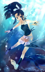  air_bubble ankle_cuffs barefoot black_hair blue_eyes bubble commentary copyright_request dolphin feet female freediving hair_ornament hair_ribbon hakama hakama_shorts highres japanese_clothes long_hair ninja ocean open_mouth ponytail ribbon saharan shorts smile soles solo spread_toes swimming toes underwater water wristband 