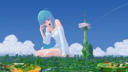  aqua_eyes aqua_hair building city cloud commentary_request day female giant giantess guitar guitar_(guitars) hatsune_miku highres instrument long_hair off_shoulder one_eye_closed open_mouth outdoors overgrown pajamas rubbing_eyes seiza sitting sky sleepy solo time_machine_(vocaloid) very_long_hair vocaloid waking_up yawning 