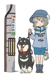  :&gt; :d animal animal_collar arrow_(symbol) bag black_eyes black_footwear blue_coat blue_eyes blue_footwear blue_hat blue_scarf blue_skirt blush boots cable canine coat collar commentary_request dog_lead duffel_coat female full_body grey_hair hat heckling highres holding holding_bag holding_leash knee_boots leash long_sleeves looking_at_another open_mouth original pet_walking pole power_lines saliva scarf shiba_inu sidelocks sign simple_background sitting skirt smile standing star_(symbol) striped_clothes striped_scarf tareme tongue tongue_out white_background yukimoto_shuuji_(gurigura) 