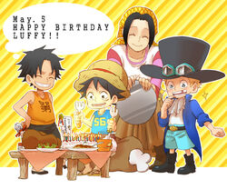  3boys birthday black_hair blonde_hair brothers cake dessert east_blue female food hat makino_(one_piece) monkey_d_luffy multiple_boys one_piece portgas_d_ace sabo_(one_piece) siblings smile tanaka_(wsuzuw) younger 