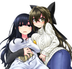  2girls aran_sweater black_bow black_eyes black_hair blush book bow breast_press breasts brown_eyes brown_hair cable_knit commentary_request cowboy_shot denim dress embarrassed food fruit hairbow half_updo highres inuyama_kuroe jeans kanayama_nao large_breasts long_hair long_sleeves looking_at_viewer multiple_girls open_mouth original pants ribbed_sweater simple_background sweat sweater symmetrical_docking thick_eyebrows turtleneck wavy_mouth white_background white_dress white_sweater yoshida_hideyuki 