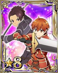  1boy armor bad_source black_gloves black_hair brown_eyes brown_hair card_(medium) elf female fingerless_gloves gloves hip_armor holding holding_polearm holding_sword holding_weapon jun_(sao) knight looking_at_viewer nori_(sao) official_art pointy_ears polearm red_armor short_hair shoulder_armor smile star_(symbol) sword sword_art_online sword_art_online:_code_register unsheathed weapon 