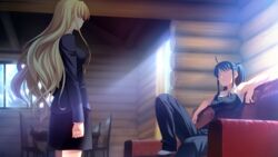  2girls armpits black_hair black_skirt blonde_hair closed_eyes fumio_(ura_fmo) game_cg grisaia_(series) grisaia_no_meikyuu harudera_yuria indoors kusakabe_asako long_hair multiple_girls ponytail sitting skirt watanabe_akio 