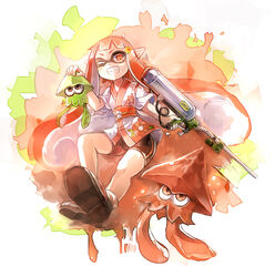  60mai bike_shorts commentary_request e-liter_3k_(splatoon) female floral_print grin inkling inkling_girl inkling_player_character japanese_clothes kimono kraken_(splatoon) looking_at_viewer one_eye_closed red_eyes red_hair sash smile solo splatoon_(series) splatoon_1 squid super_soaker tentacle_hair yukata 