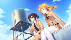  1boy black_hair blonde_hair breasts cigarette closed_eyes cloud clouds female game_cg happy highres kazami_haruki legs long_hair medium_breasts ponytail satsukoi_yuukyuu_naru_koi_no_uta school_uniform sitting skirt sky smile smoking thighhighs thighs white_legwear wind 