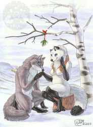  2007 arctic_fox breasts canid canine canis closed_eyes female fox joon katie_hofgard kissing love male mammal mistletoe outside plant romantic romantic_ambiance snow true_fox winter wolf wolftale 