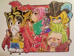  bartolomeo blonde_hair cape cavendish dressrosa gladiator graphite_(medium) green_hair hawaiian_shirt helmet long_hair monkey_d_luffy nose_ring one_piece onexone pencil_(medium) pink_hair rebecca_(one_piece) sash shirt traditional_media 