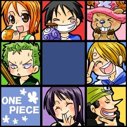  bandana bangs copyright_name devil_fruit food fruit green_hair hair_over_one_eye hat monkey_d_luffy nami nami_(one_piece) nico_robin one_piece onexone orange roronoa_zoro sanji tony_tony_chopper usopp younger 