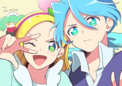  +_+ 1boy 2girls biburi_(precure) blonde_hair blue_eyes blue_hair brother_and_sister close-up commentary_request green_eyes green_hair kirahoshi_ciel kirakira_precure_a_la_mode kumo_suzume kuroki_rio long_hair maid multiple_girls open_mouth pikario_(precure) ponytail precure protected_link siblings simple_background spoilers sweatdrop twintails v yellow_background 